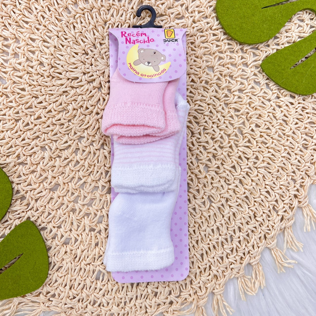  Kit 3 pares de Meia Atoalhada Recem Nascido Rosa